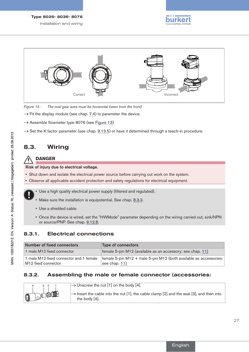 Wiring, Electrical connections | Burkert Type 8076 User Manual | Page 29 / 72