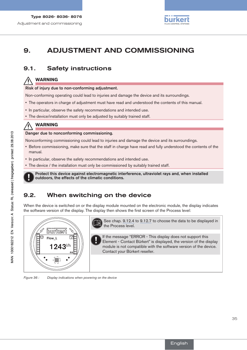 Adjustment and commissioning, Safety instructions, When switching on the device | Burkert Type 8076 User Manual | Page 37 / 72