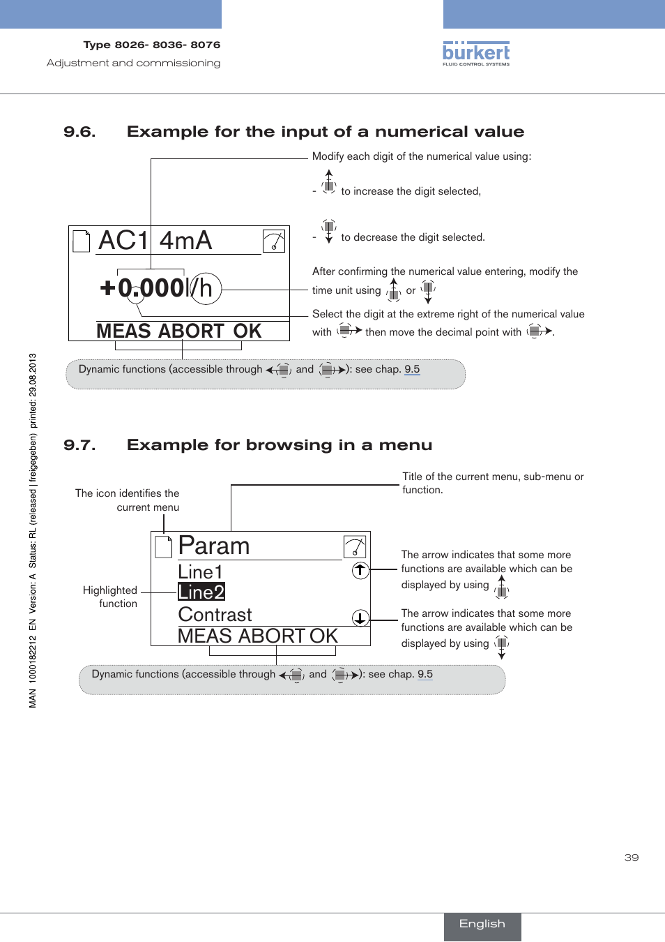 Example for the input of a numerical value, Example for browsing in a menu, 000 l/h | Ac1 4ma, Param, Meas abort ok, Line1, Meas abort ok line2 contrast | Burkert Type 8076 User Manual | Page 41 / 72