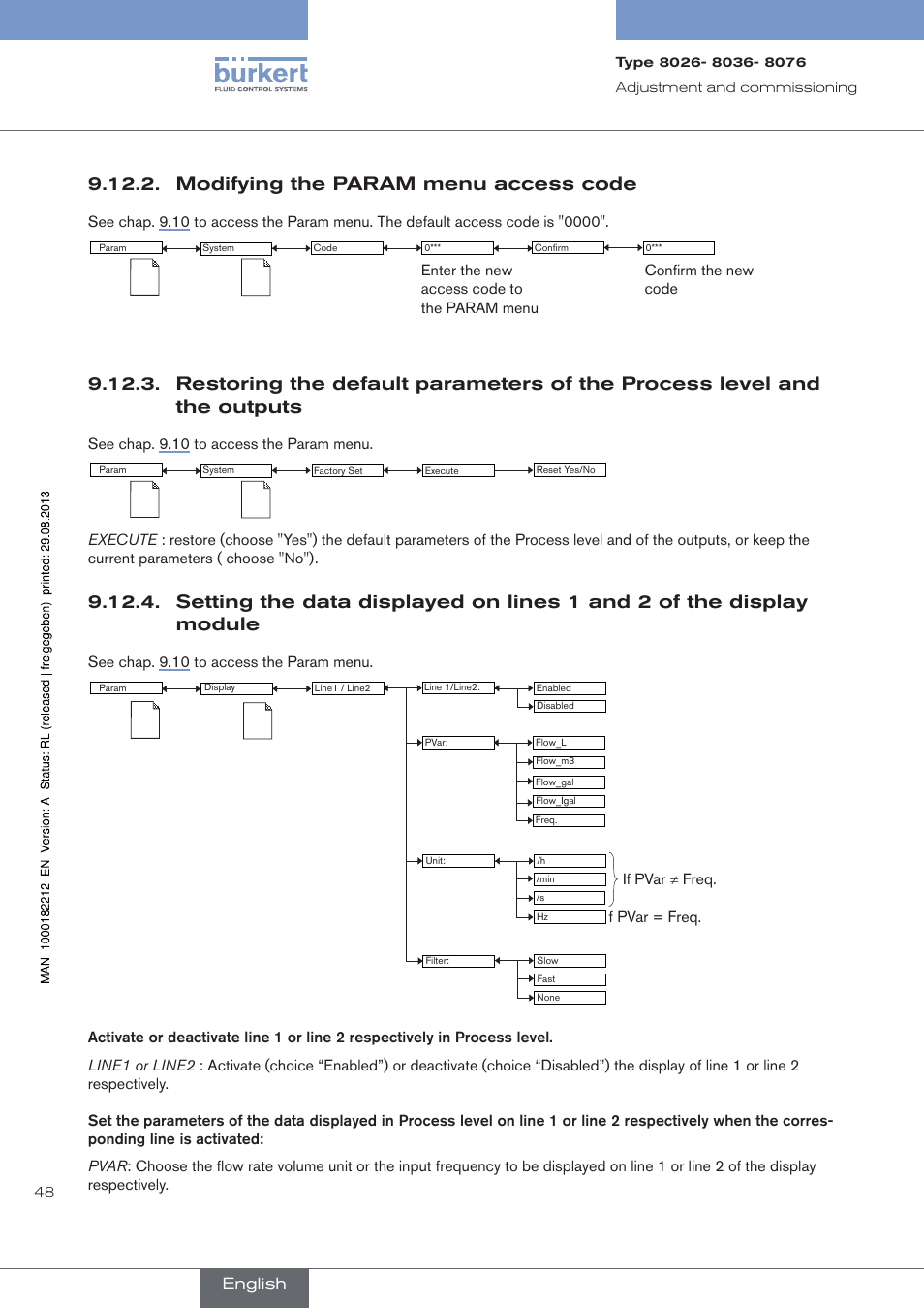 Modifying the param menu access code, See chap. 9.10 to access the param menu, F pvar = freq. if pvar ≠ freq | Burkert Type 8076 User Manual | Page 50 / 72