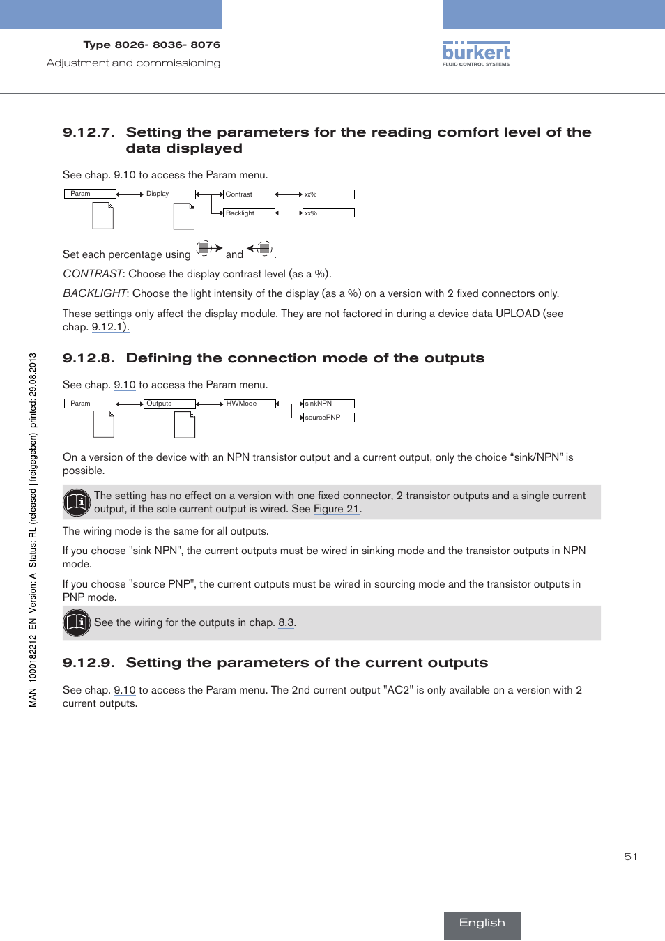 Defining the connection mode of the outputs, Setting the parameters of the current outputs | Burkert Type 8076 User Manual | Page 53 / 72