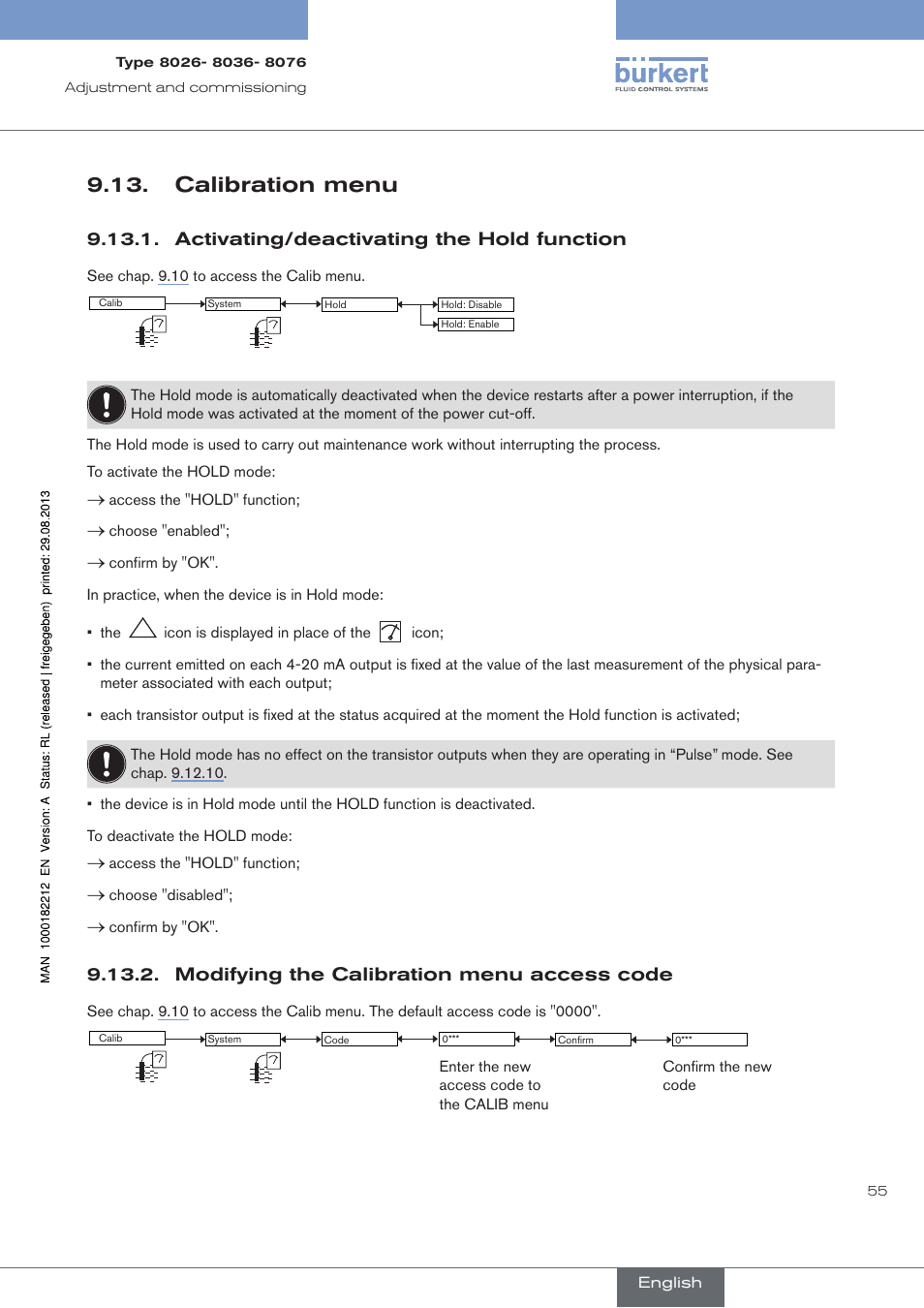 Calibration menu, Activating/deactivating the hold function, Modifying the calibration menu access code | Burkert Type 8076 User Manual | Page 57 / 72