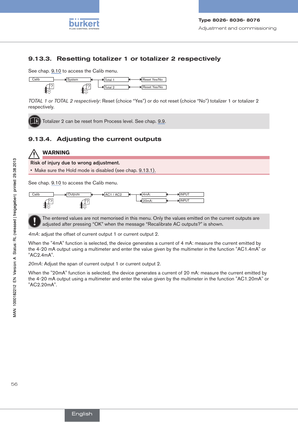 Resetting totalizer 1 or totalizer 2 respectively, Adjusting the current outputs, Warning | Burkert Type 8076 User Manual | Page 58 / 72