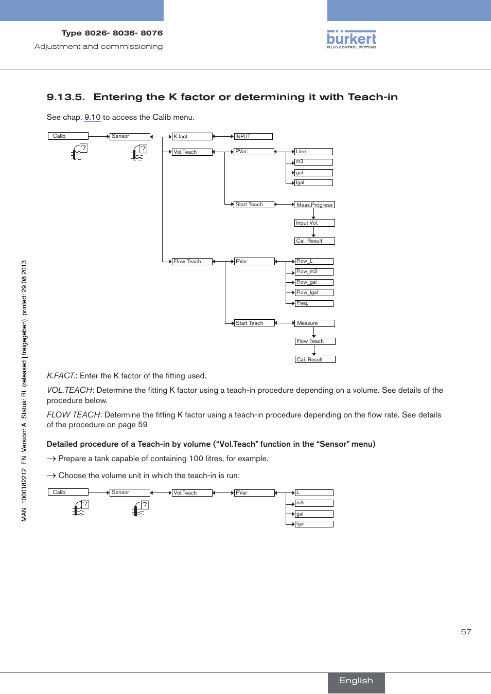 See chap. 9.10 to access the calib menu, English | Burkert Type 8076 User Manual | Page 59 / 72