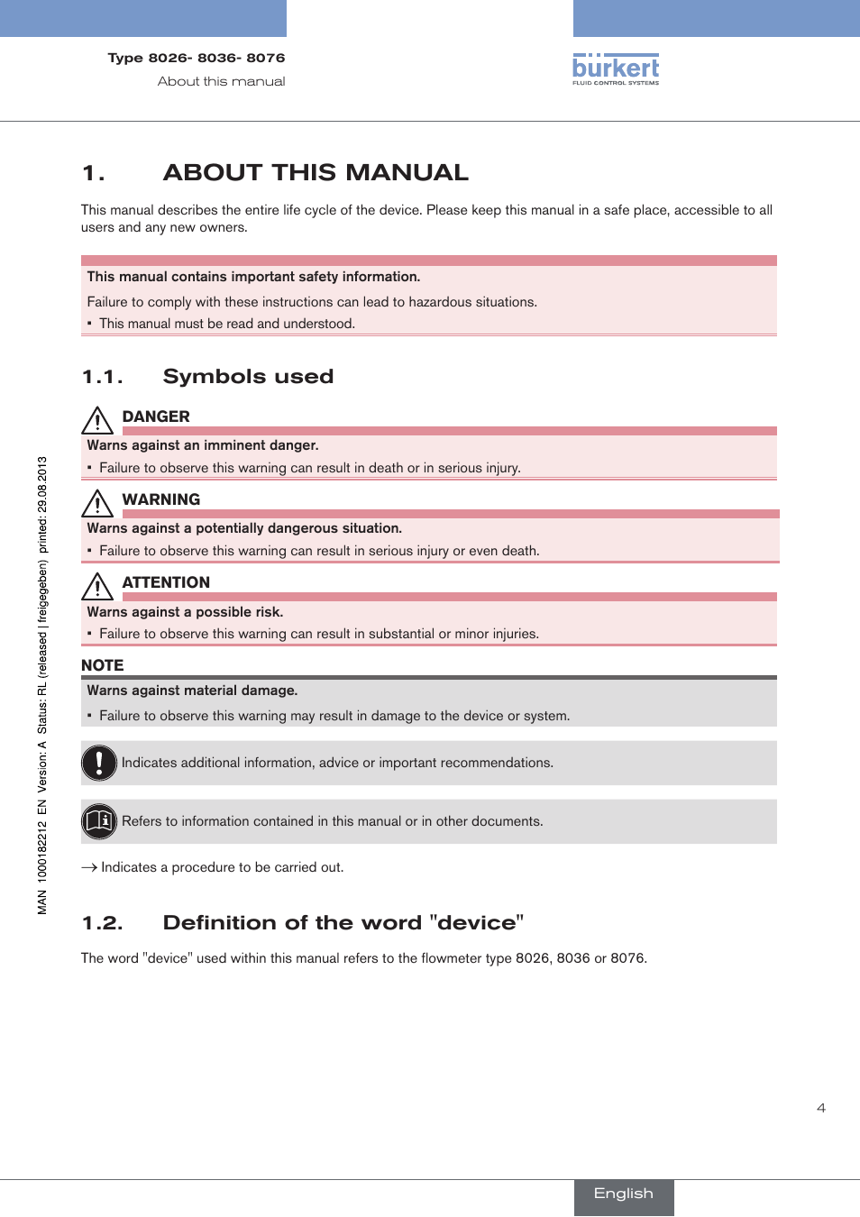 About this manual, Symbols used, Definition of the word "device | Burkert Type 8076 User Manual | Page 6 / 72