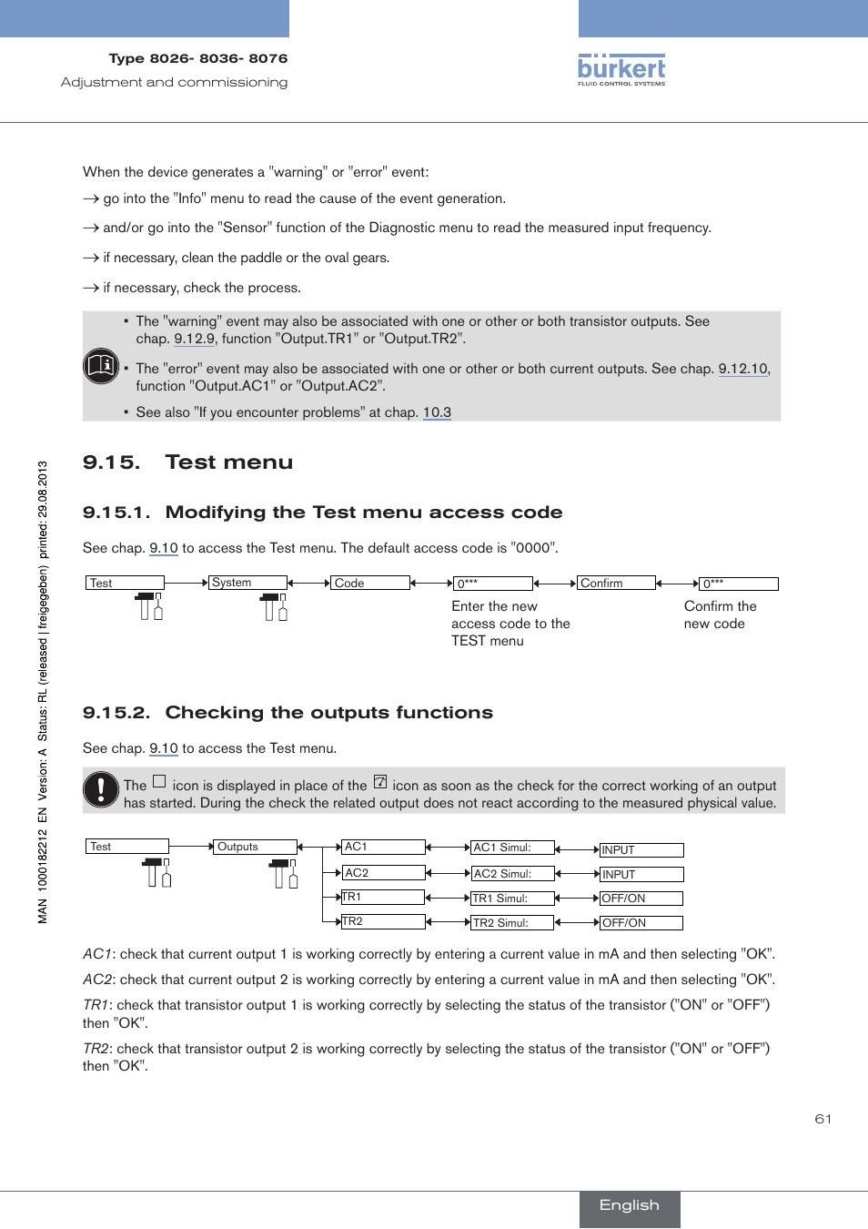 Test menu, Modifying the test menu access code, Checking the outputs functions | Burkert Type 8076 User Manual | Page 63 / 72