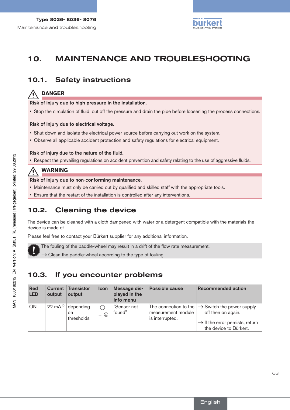 Maintenance and troubleshooting, Safety instructions, Cleaning the device | If you encounter problems | Burkert Type 8076 User Manual | Page 65 / 72