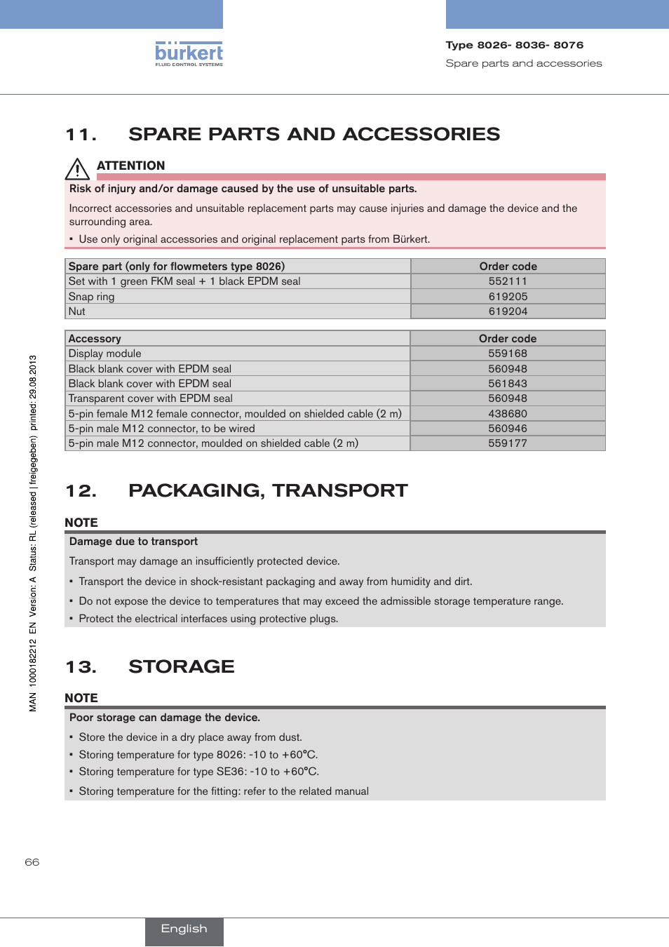 Spare parts and accessories, Packaging, transport, Storage | Burkert Type 8076 User Manual | Page 68 / 72