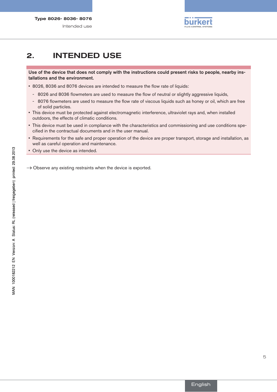 Intended use | Burkert Type 8076 User Manual | Page 7 / 72