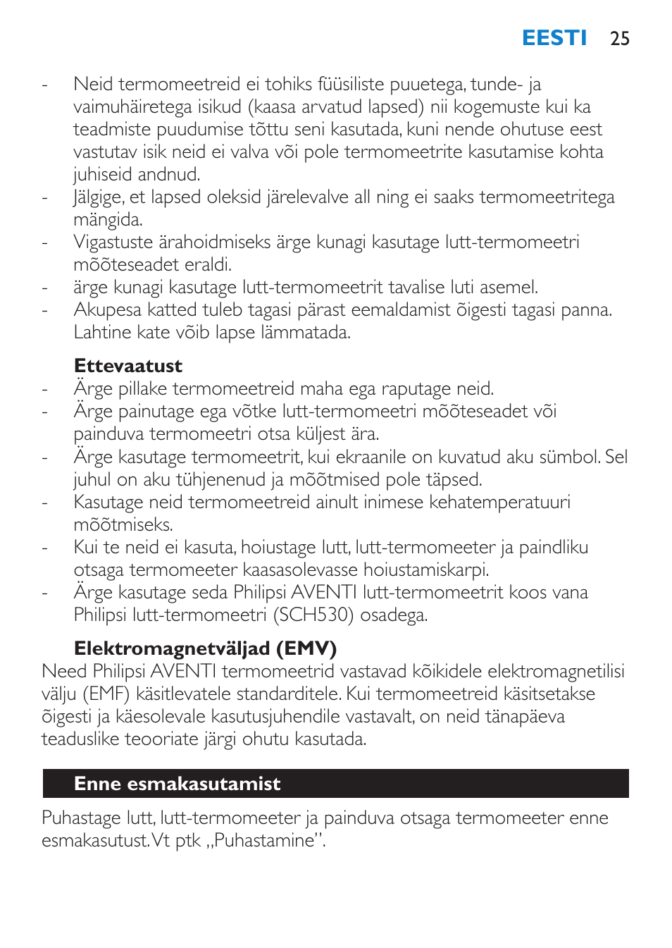 Ettevaatust, Elektromagnetväljad (emv), Enne esmakasutamist | Philips SCH540 User Manual | Page 25 / 144