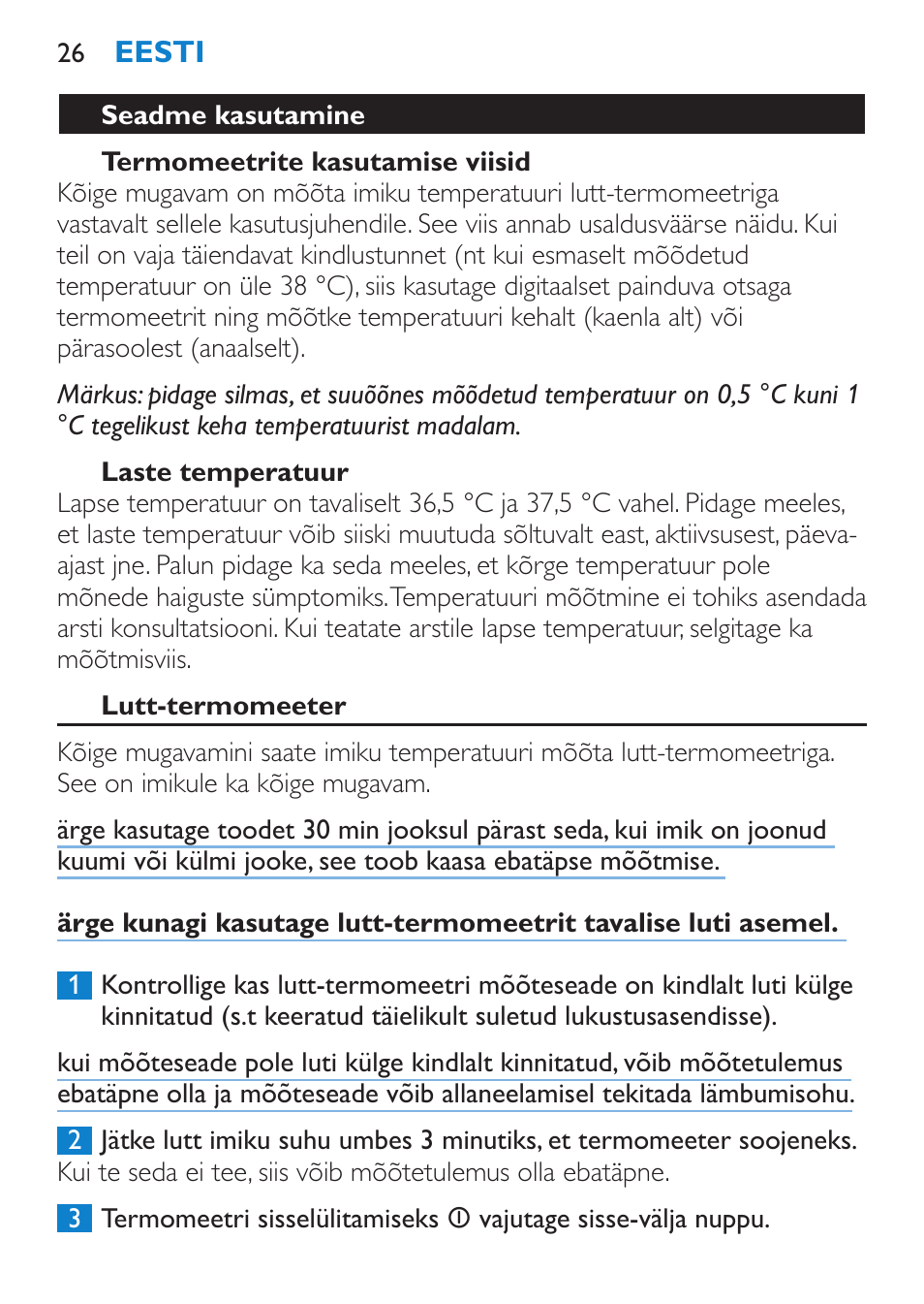 Termomeetrite kasutamise viisid, Laste temperatuur, Seadme kasutamine | Lutt-termomeeter | Philips SCH540 User Manual | Page 26 / 144