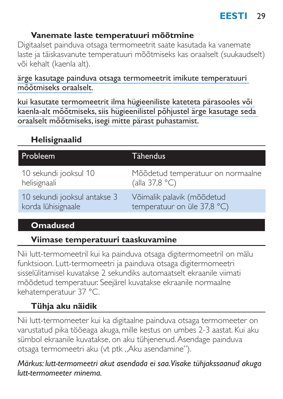 Vanemate laste temperatuuri mõõtmine, Helisignaalid, Omadused | Viimase temperatuuri taaskuvamine, Tühja aku näidik | Philips SCH540 User Manual | Page 29 / 144