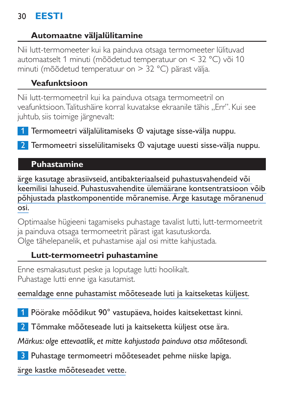 Automaatne väljalülitamine, Veafunktsioon, Puhastamine | Lutt-termomeetri puhastamine | Philips SCH540 User Manual | Page 30 / 144