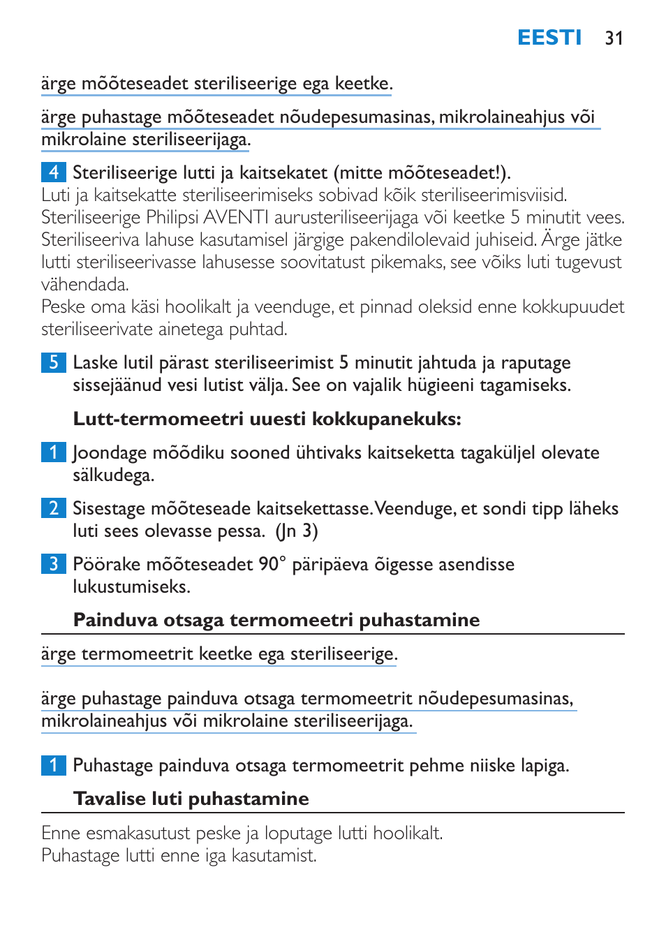 Lutt-termomeetri uuesti kokkupanekuks, Painduva otsaga termomeetri puhastamine, Tavalise luti puhastamine | Philips SCH540 User Manual | Page 31 / 144