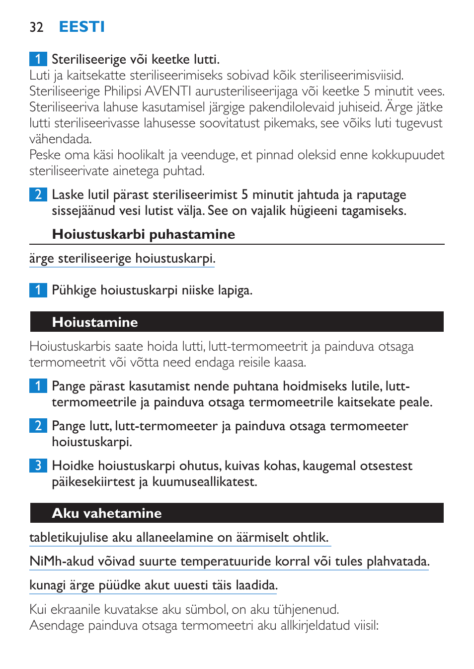 Hoiustuskarbi puhastamine, Hoiustamine, Aku vahetamine | Philips SCH540 User Manual | Page 32 / 144