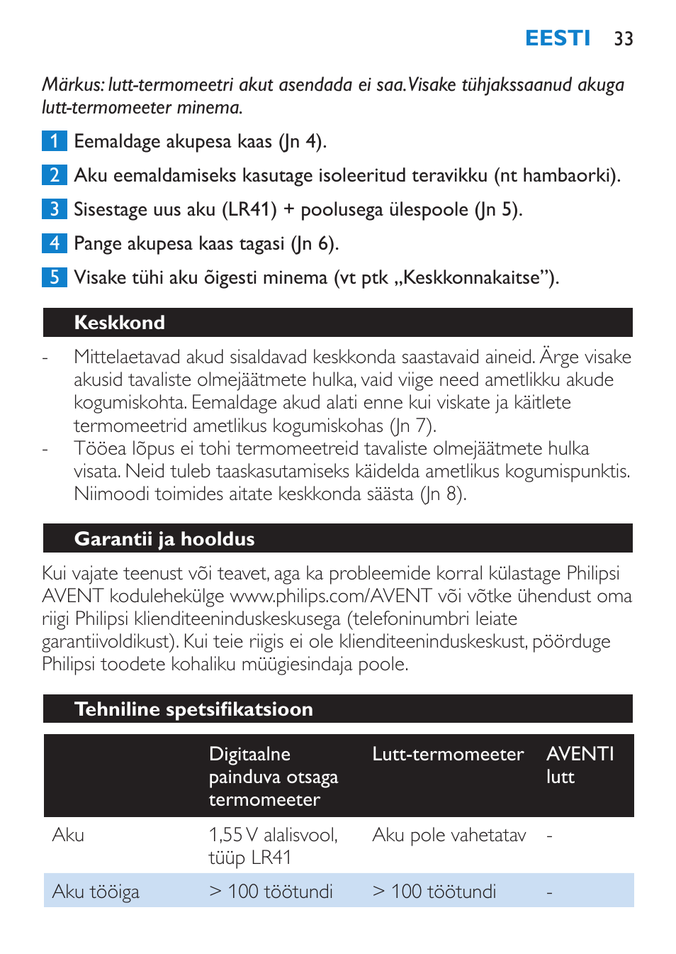 Keskkond, Garantii ja hooldus, Tehniline spetsifikatsioon | Philips SCH540 User Manual | Page 33 / 144