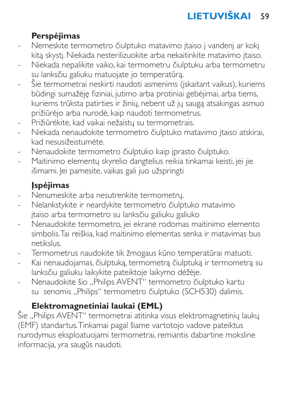 Perspėjimas, Įspėjimas, Elektromagnetiniai laukai (eml) | Philips SCH540 User Manual | Page 59 / 144