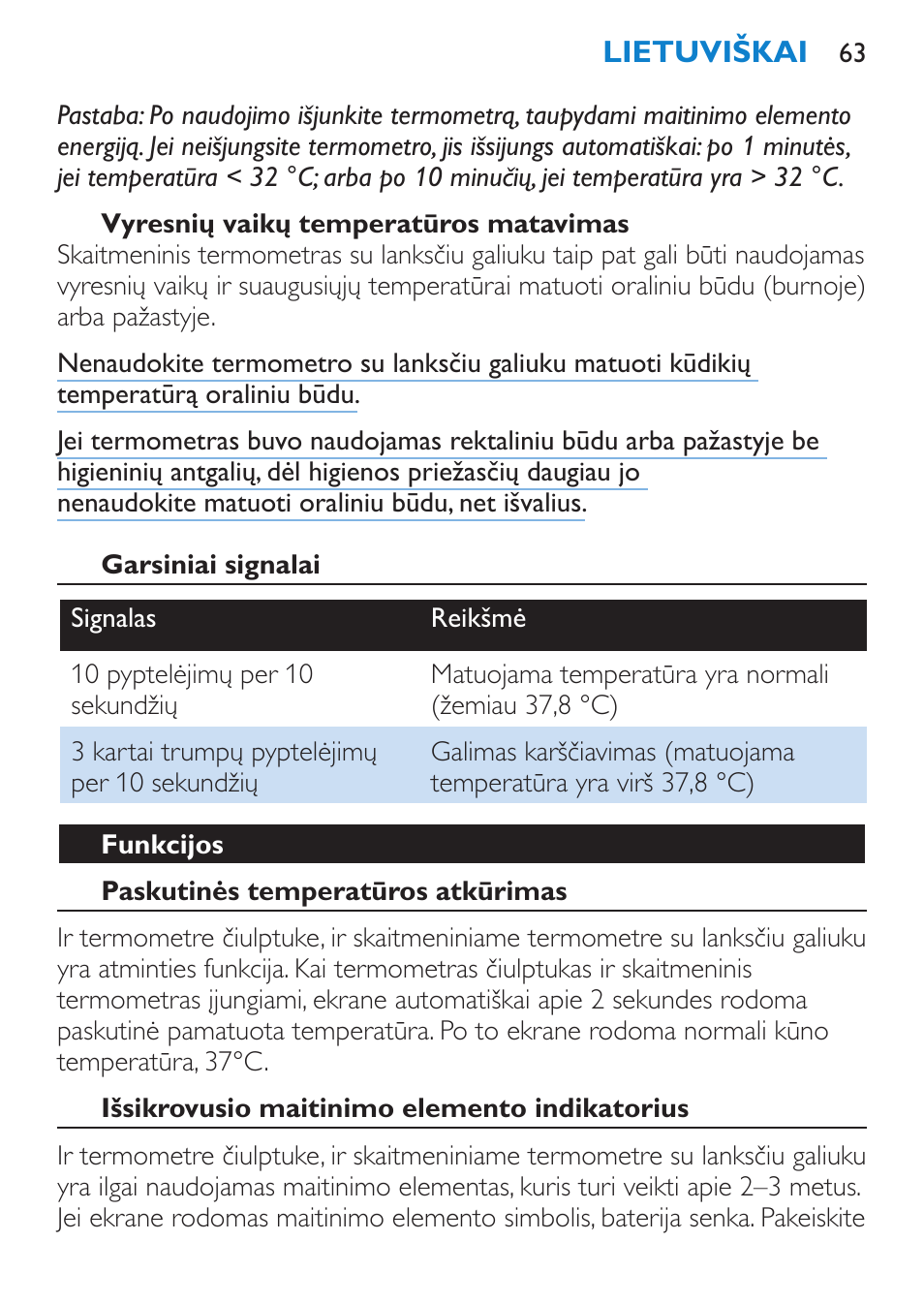 Vyresnių vaikų temperatūros matavimas, Garsiniai signalai, Funkcijos | Paskutinės temperatūros atkūrimas, Išsikrovusio maitinimo elemento indikatorius | Philips SCH540 User Manual | Page 63 / 144