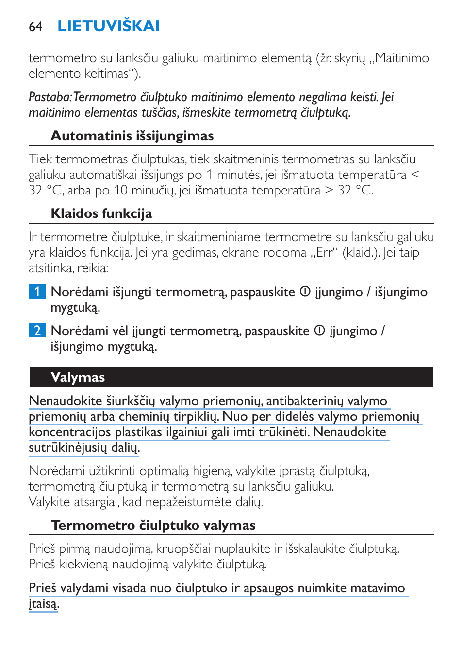 Automatinis išsijungimas, Klaidos funkcija, Valymas | Termometro čiulptuko valymas | Philips SCH540 User Manual | Page 64 / 144