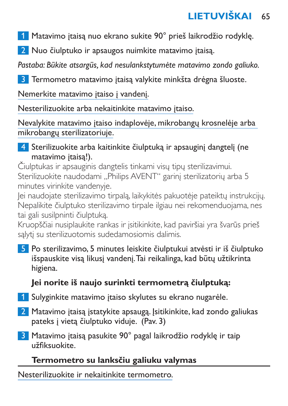 Jei norite iš naujo surinkti termometrą čiulptuką, Termometro su lanksčiu galiuku valymas | Philips SCH540 User Manual | Page 65 / 144