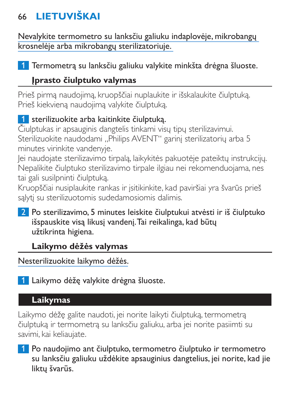 Įprasto čiulptuko valymas, Laikymo dėžės valymas, Laikymas | Philips SCH540 User Manual | Page 66 / 144