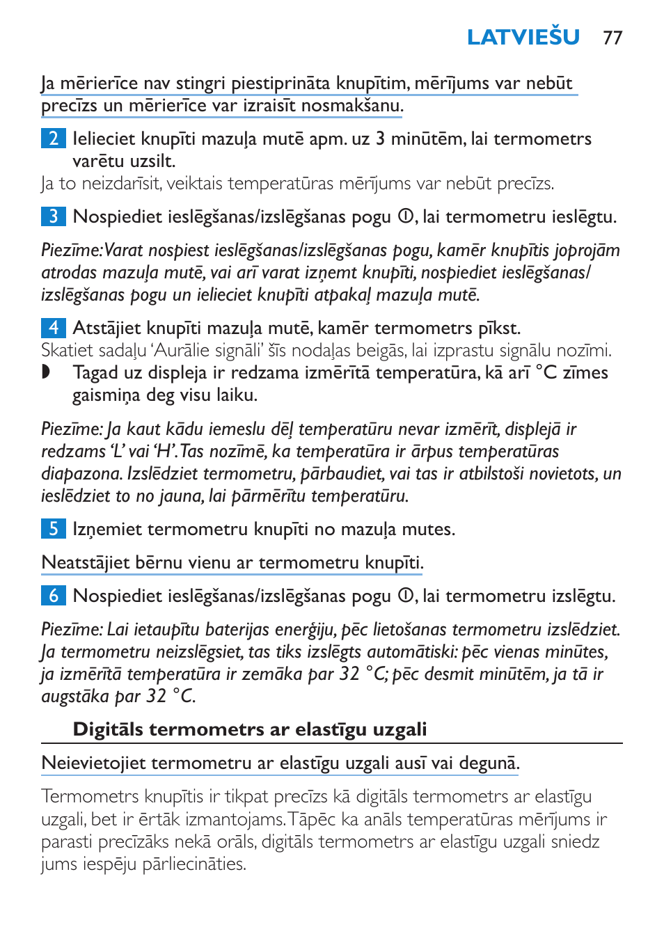 Digitāls termometrs ar elastīgu uzgali | Philips SCH540 User Manual | Page 77 / 144