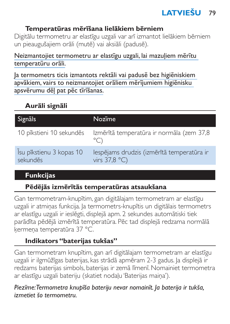 Temperatūras mērīšana lielākiem bērniem, Aurāli signāli, Funkcijas | Pēdējās izmērītās temperatūras atsaukšana, Indikators “baterijas tukšas | Philips SCH540 User Manual | Page 79 / 144