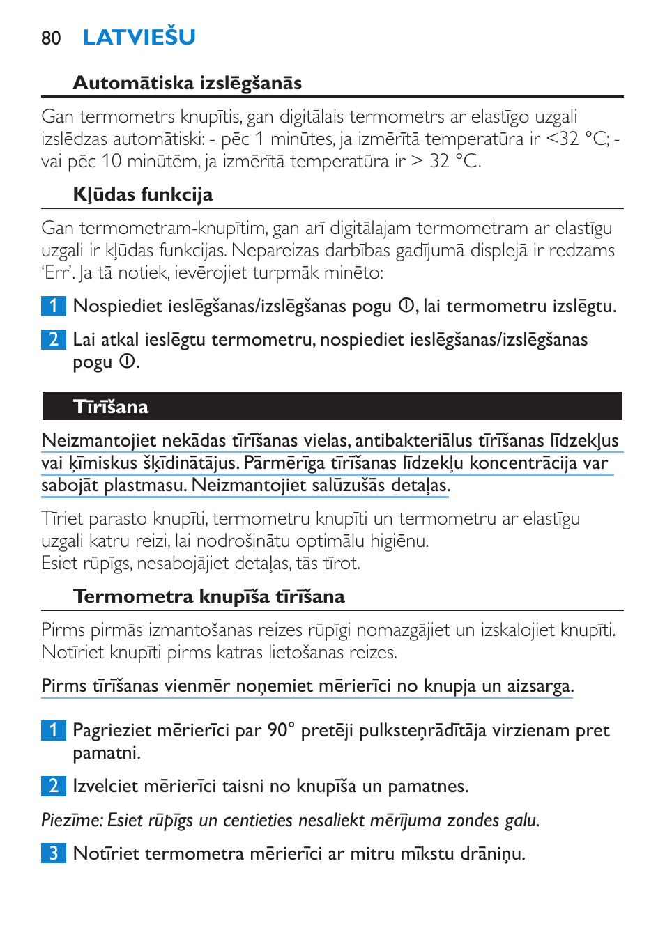 Automātiska izslēgšanās, Kļūdas funkcija, Tīrīšana | Termometra knupīša tīrīšana | Philips SCH540 User Manual | Page 80 / 144