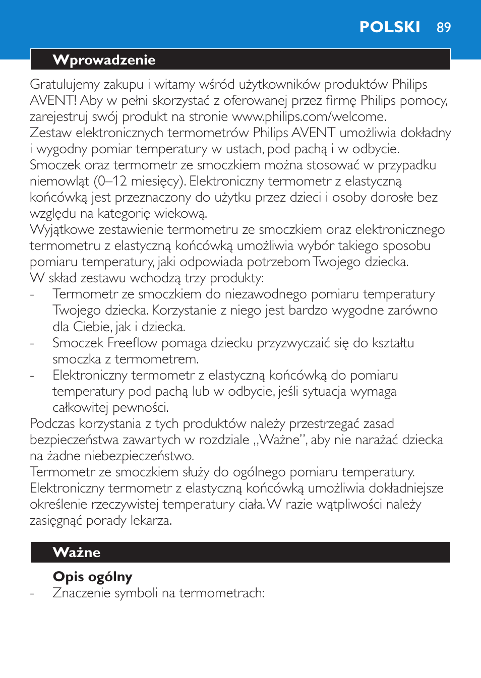 Opis ogólny, Polski, Wprowadzenie | Ważne | Philips SCH540 User Manual | Page 89 / 144