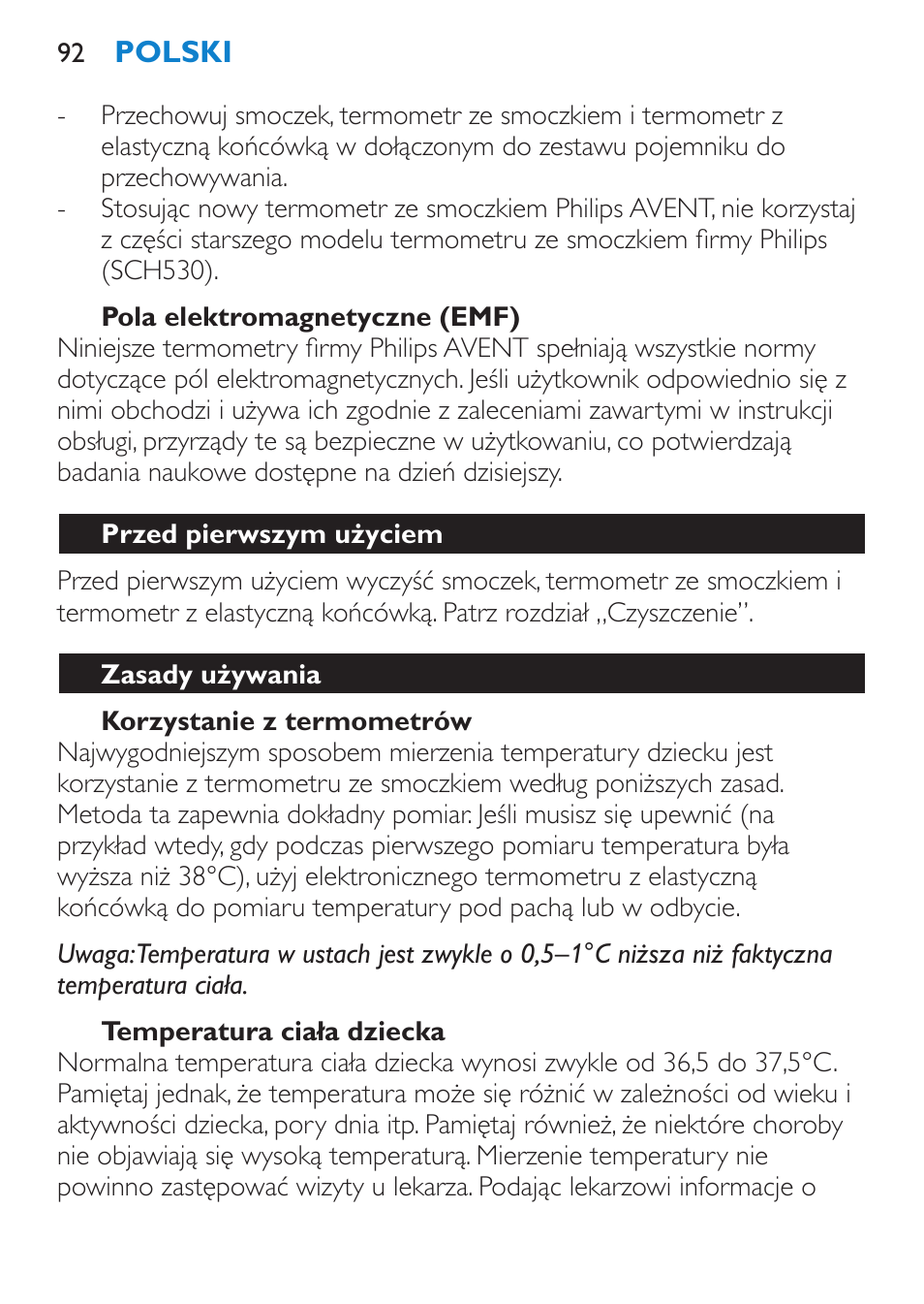 Pola elektromagnetyczne (emf), Korzystanie z termometrów, Temperatura ciała dziecka | Przed pierwszym użyciem, Zasady używania | Philips SCH540 User Manual | Page 92 / 144