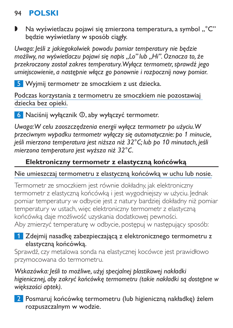 Elektroniczny termometr z elastyczną końcówką | Philips SCH540 User Manual | Page 94 / 144