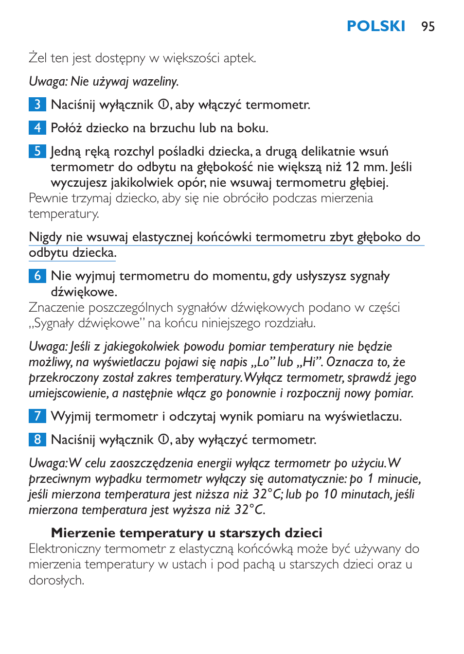 Mierzenie temperatury u starszych dzieci | Philips SCH540 User Manual | Page 95 / 144