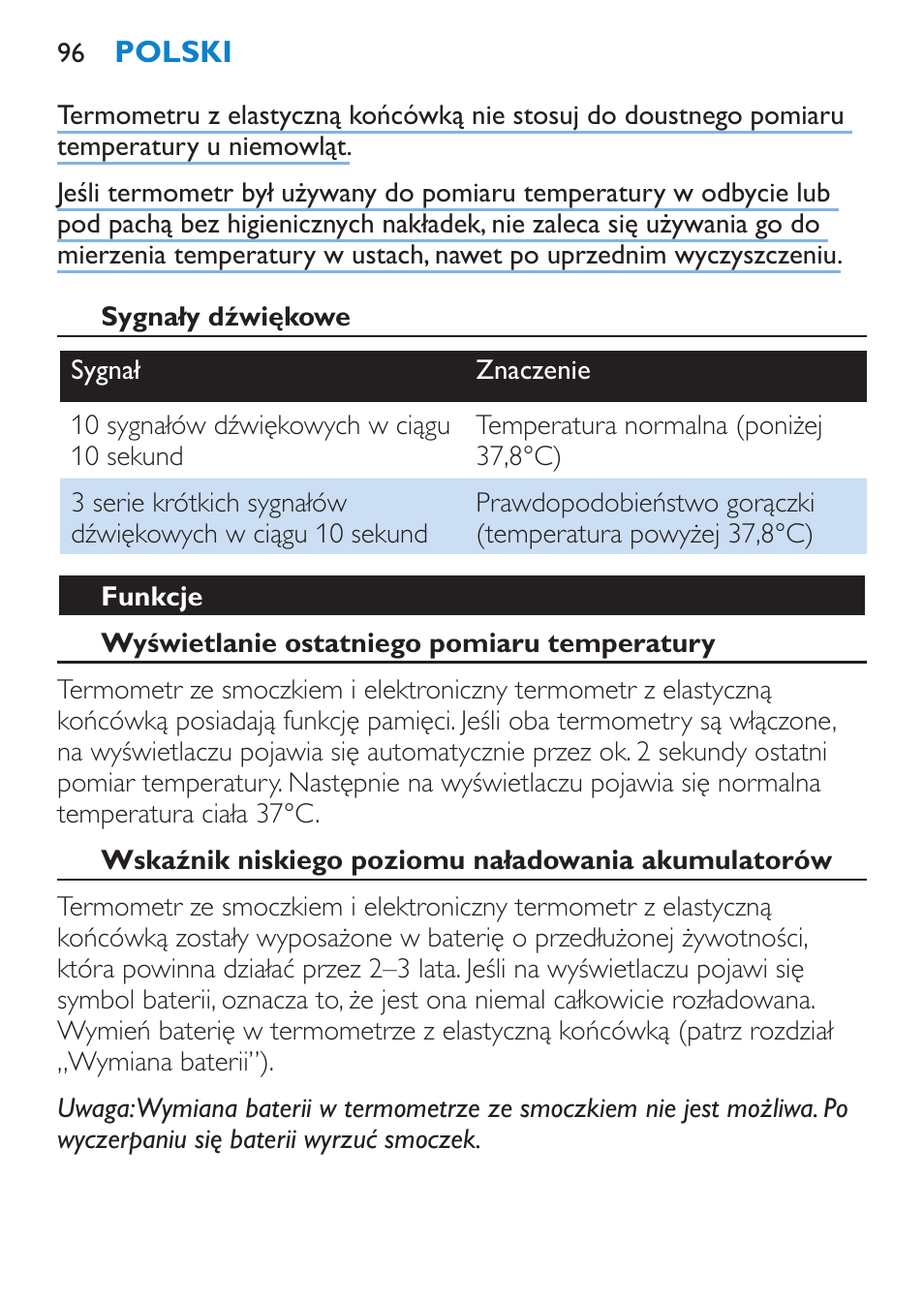 Sygnały dźwiękowe, Funkcje, Wyświetlanie ostatniego pomiaru temperatury | Wskaźnik niskiego poziomu naładowania akumulatorów | Philips SCH540 User Manual | Page 96 / 144