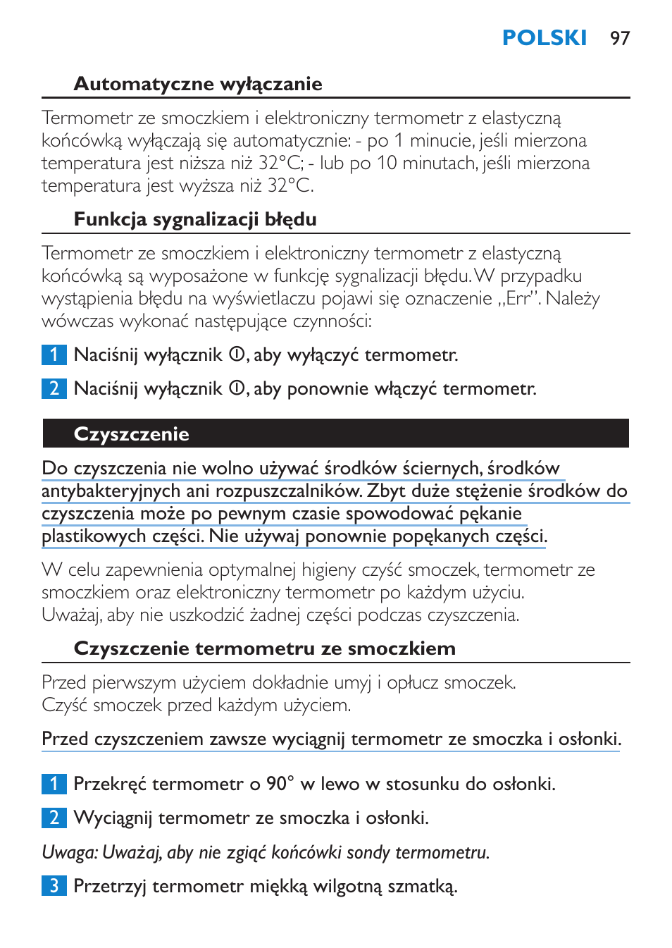 Automatyczne wyłączanie, Funkcja sygnalizacji błędu, Czyszczenie | Czyszczenie termometru ze smoczkiem | Philips SCH540 User Manual | Page 97 / 144