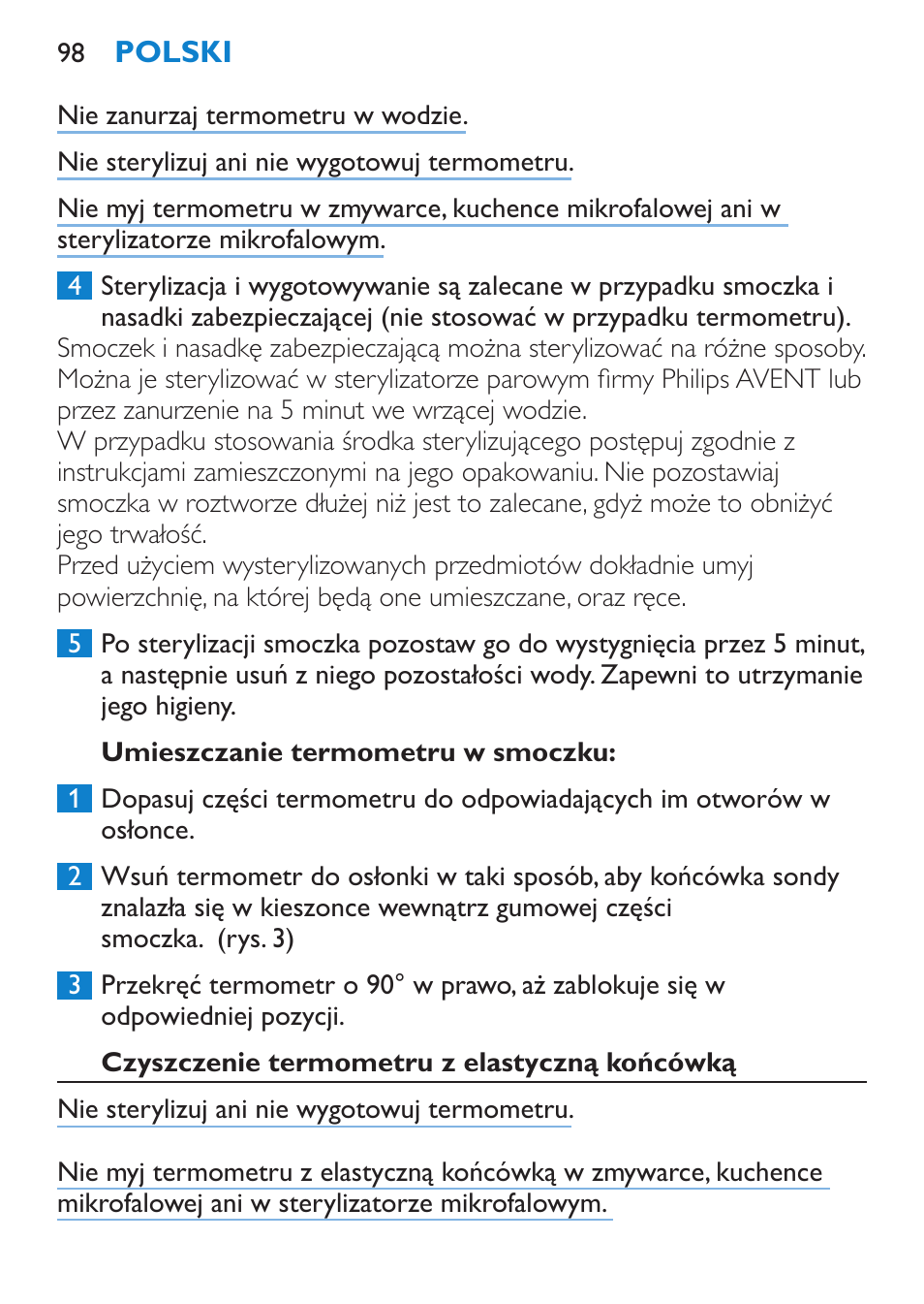 Umieszczanie termometru w smoczku, Czyszczenie termometru z elastyczną końcówką | Philips SCH540 User Manual | Page 98 / 144