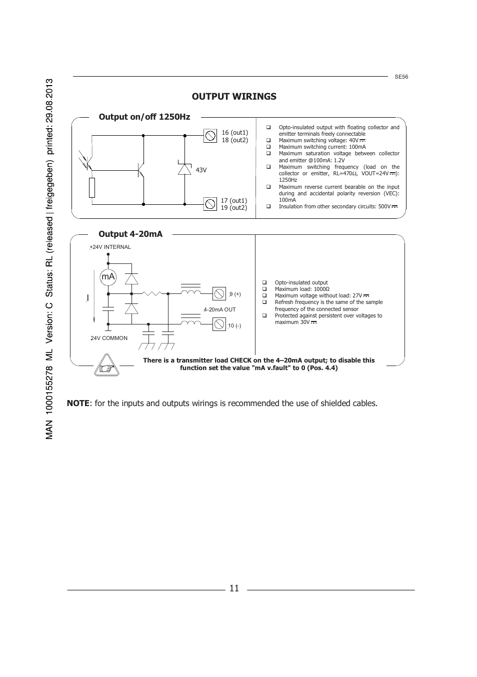 Output wirings, Output 4-20ma | Burkert Type 8056 User Manual | Page 11 / 96