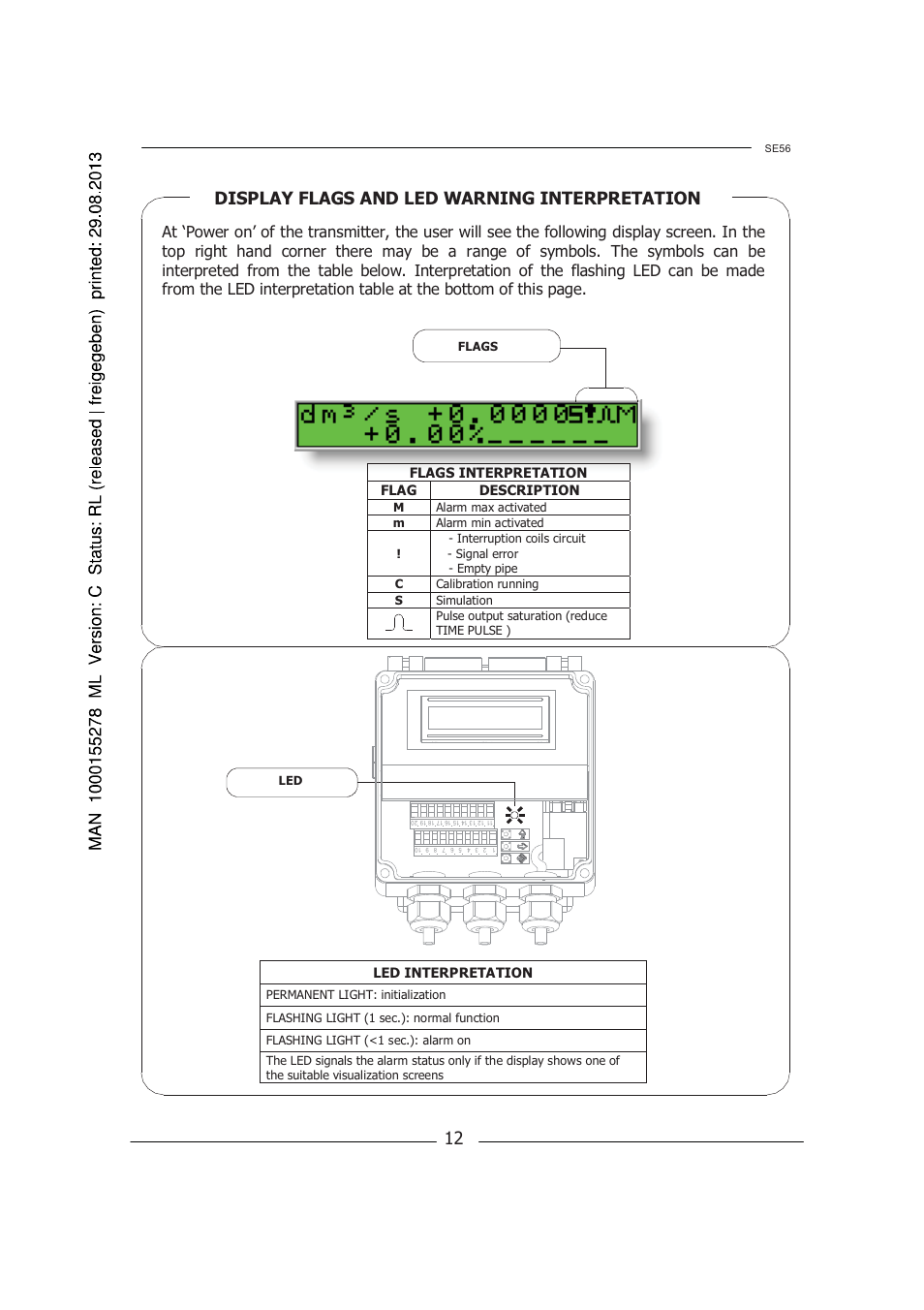 Display flags and led warning interpretation, Led interpretation, Flags interpretation flag description | Burkert Type 8056 User Manual | Page 12 / 96