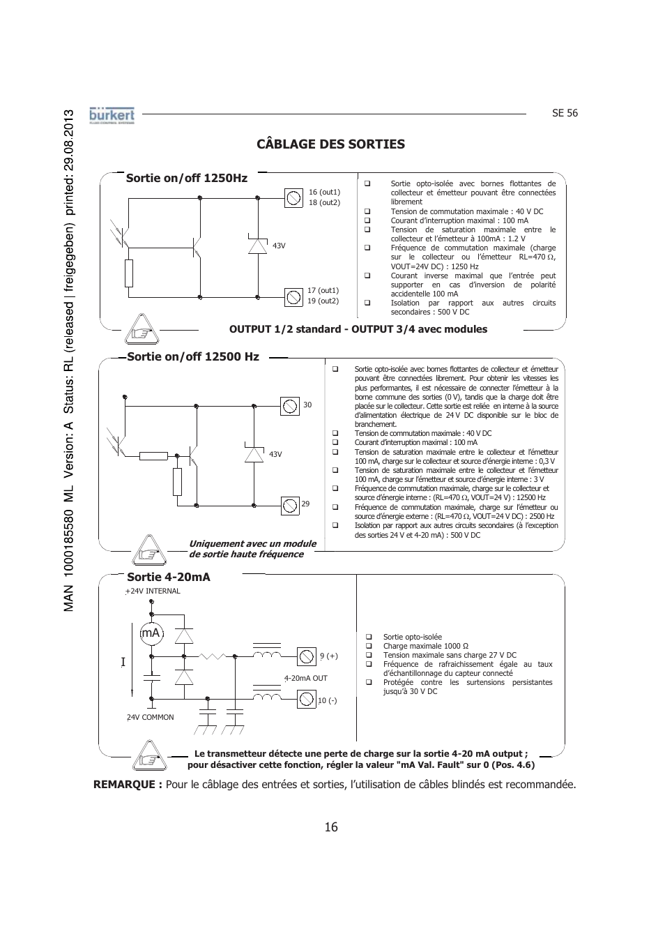 Câblage des sorties, Sortie on/off 1250hz, Sortie 4-20ma | Burkert Type 8056 User Manual | Page 100 / 125