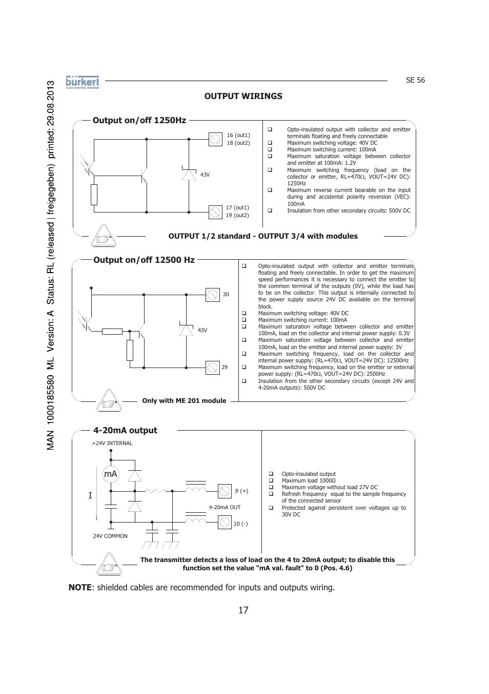 Output wirings, Output on/off 1250hz, 20ma output | Burkert Type 8056 User Manual | Page 17 / 125