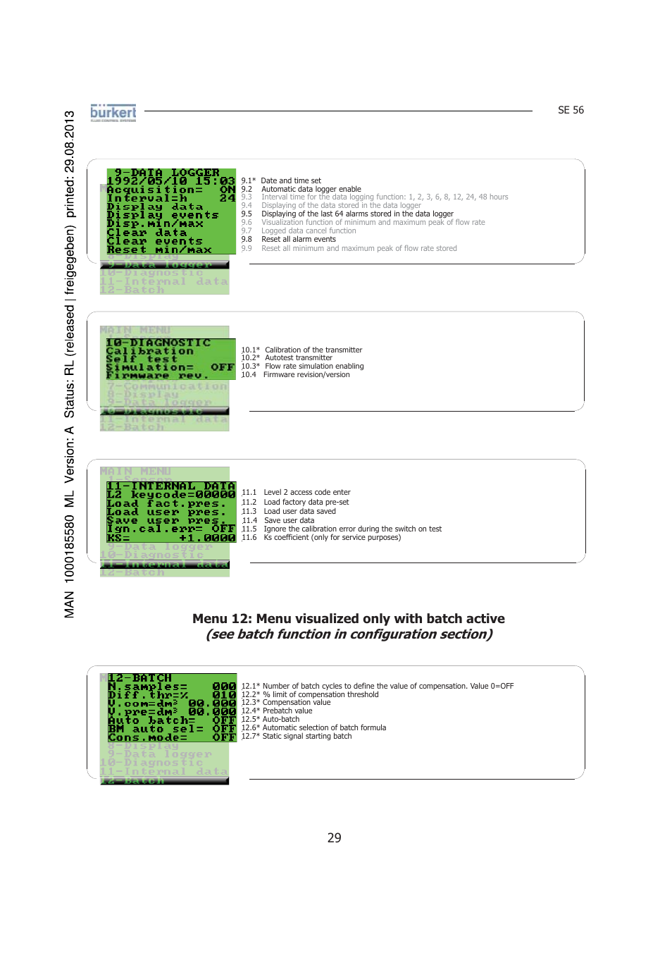 Menu 12: menu visualized only with batch active | Burkert Type 8056 User Manual | Page 29 / 125