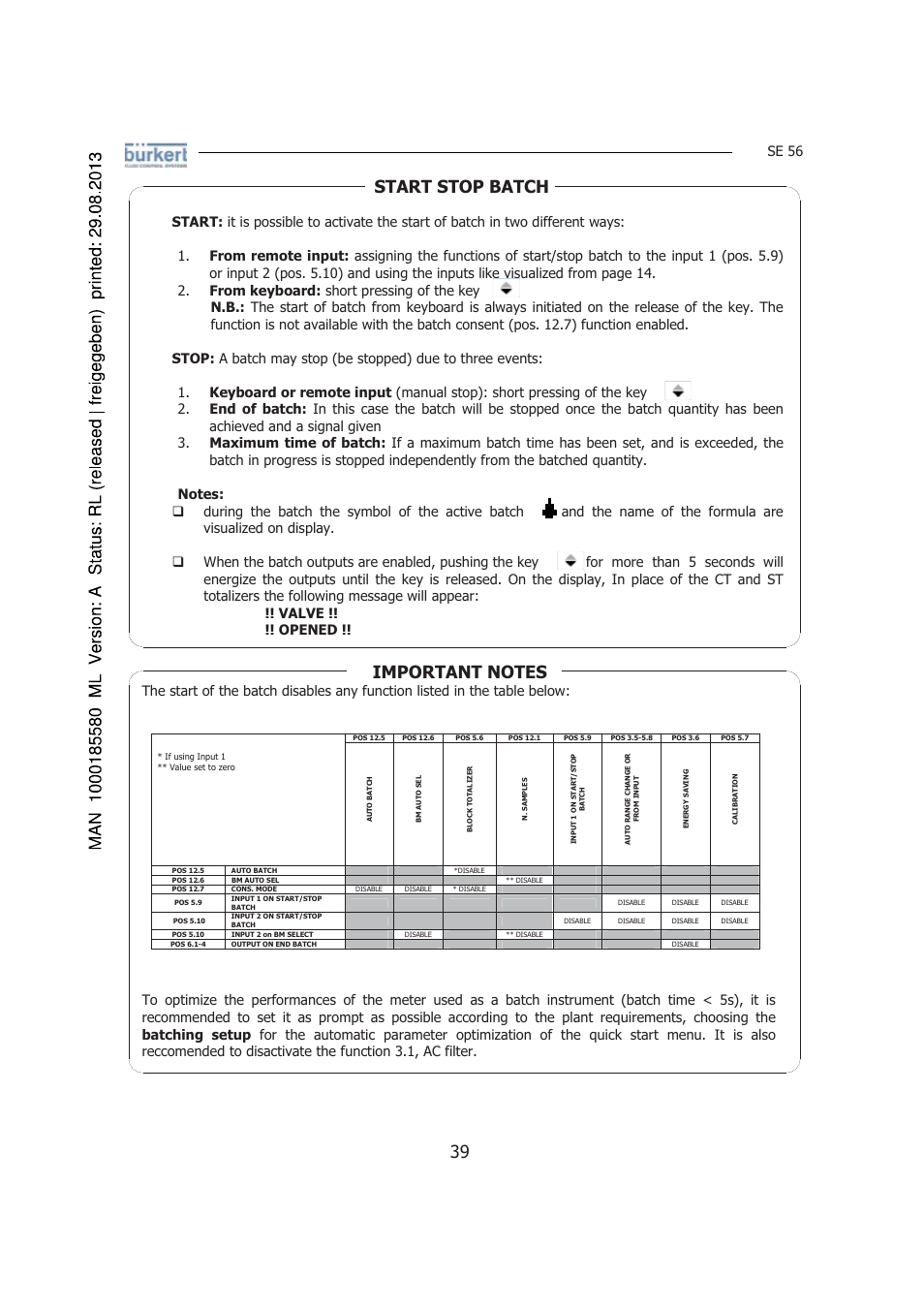 39 start stop batch, Se 56 | Burkert Type 8056 User Manual | Page 39 / 125