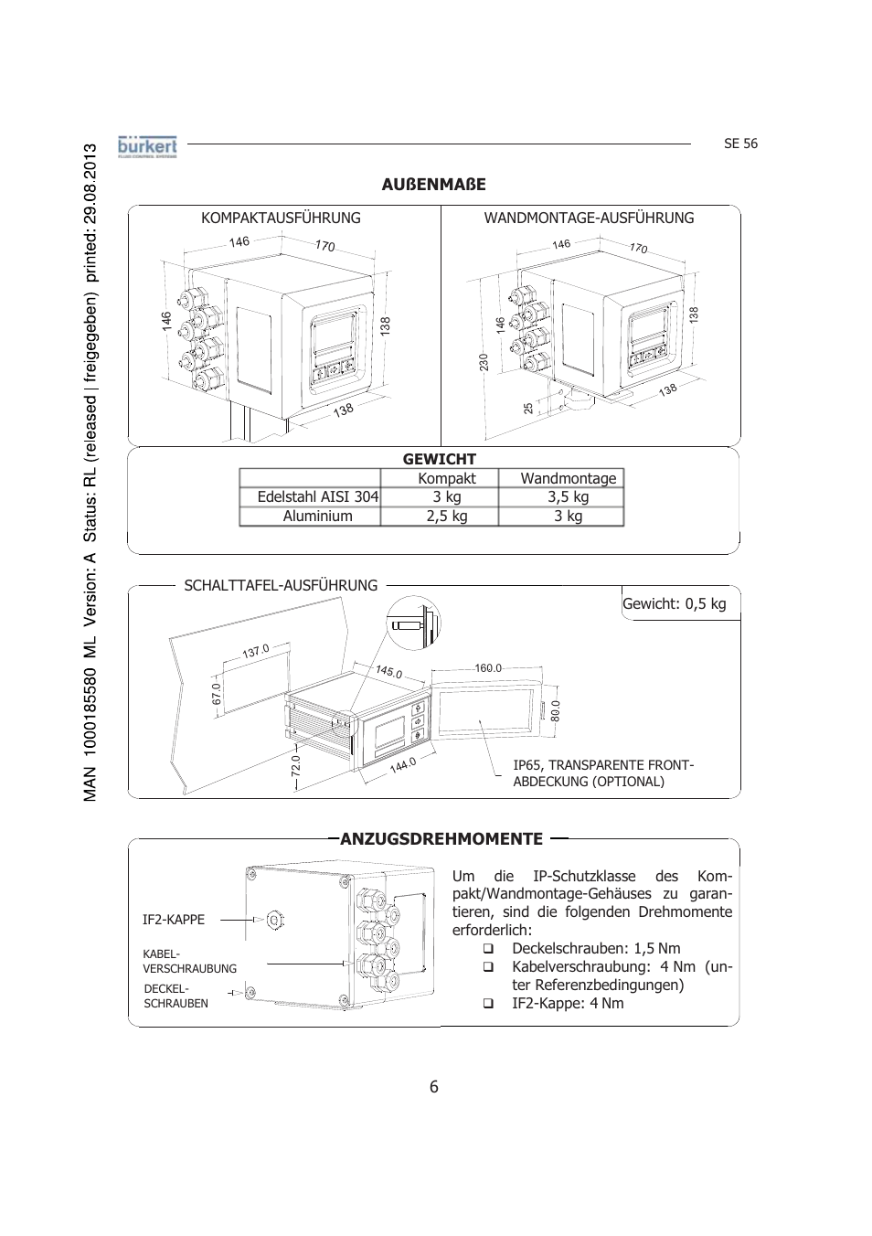 Außenmaße, Anzugsdrehmomente | Burkert Type 8056 User Manual | Page 48 / 125