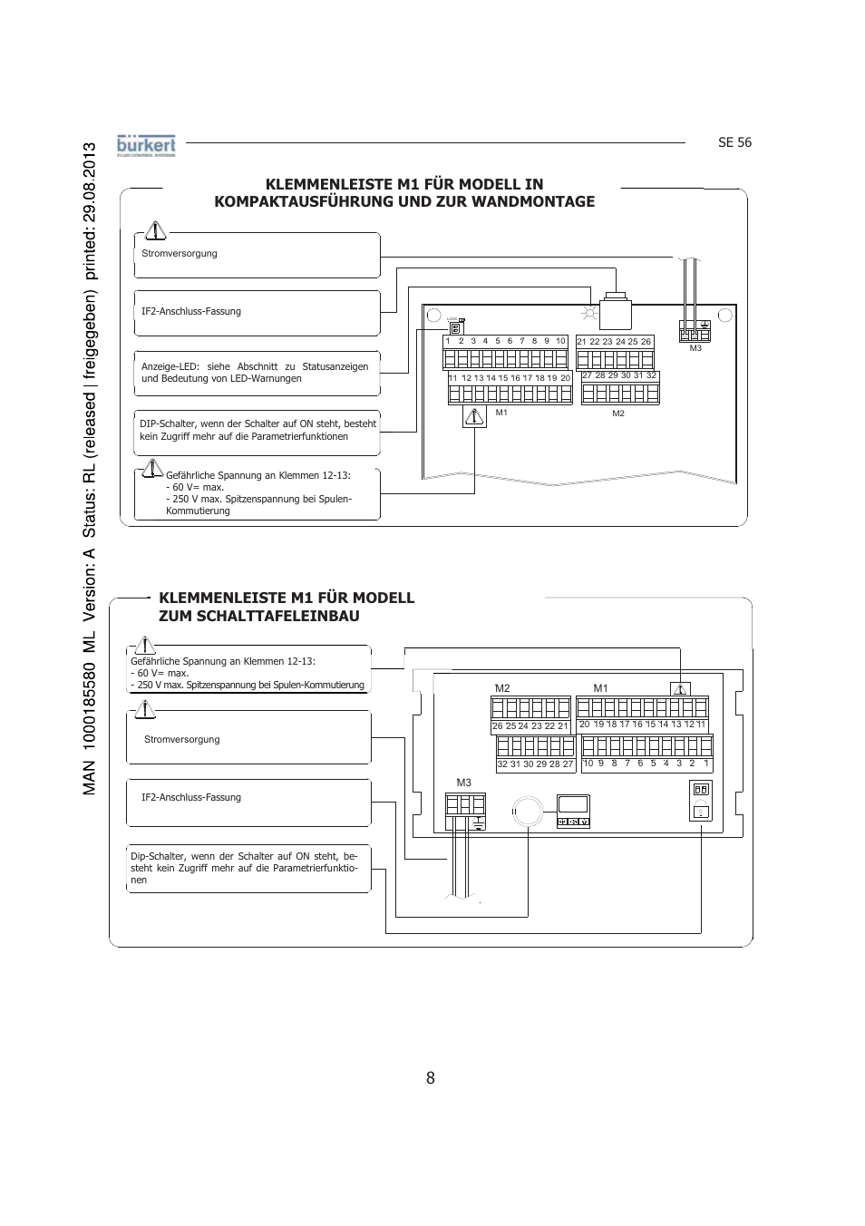 Klemmenleiste m1 für modell zum schalttafeleinbau, Se 56 | Burkert Type 8056 User Manual | Page 50 / 125