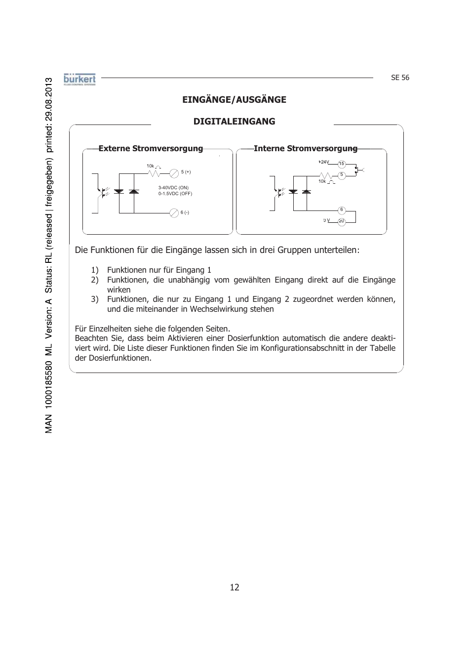 Eingänge/ausgänge digitaleingang, Externe stromversorgung interne stromversorgung | Burkert Type 8056 User Manual | Page 54 / 125