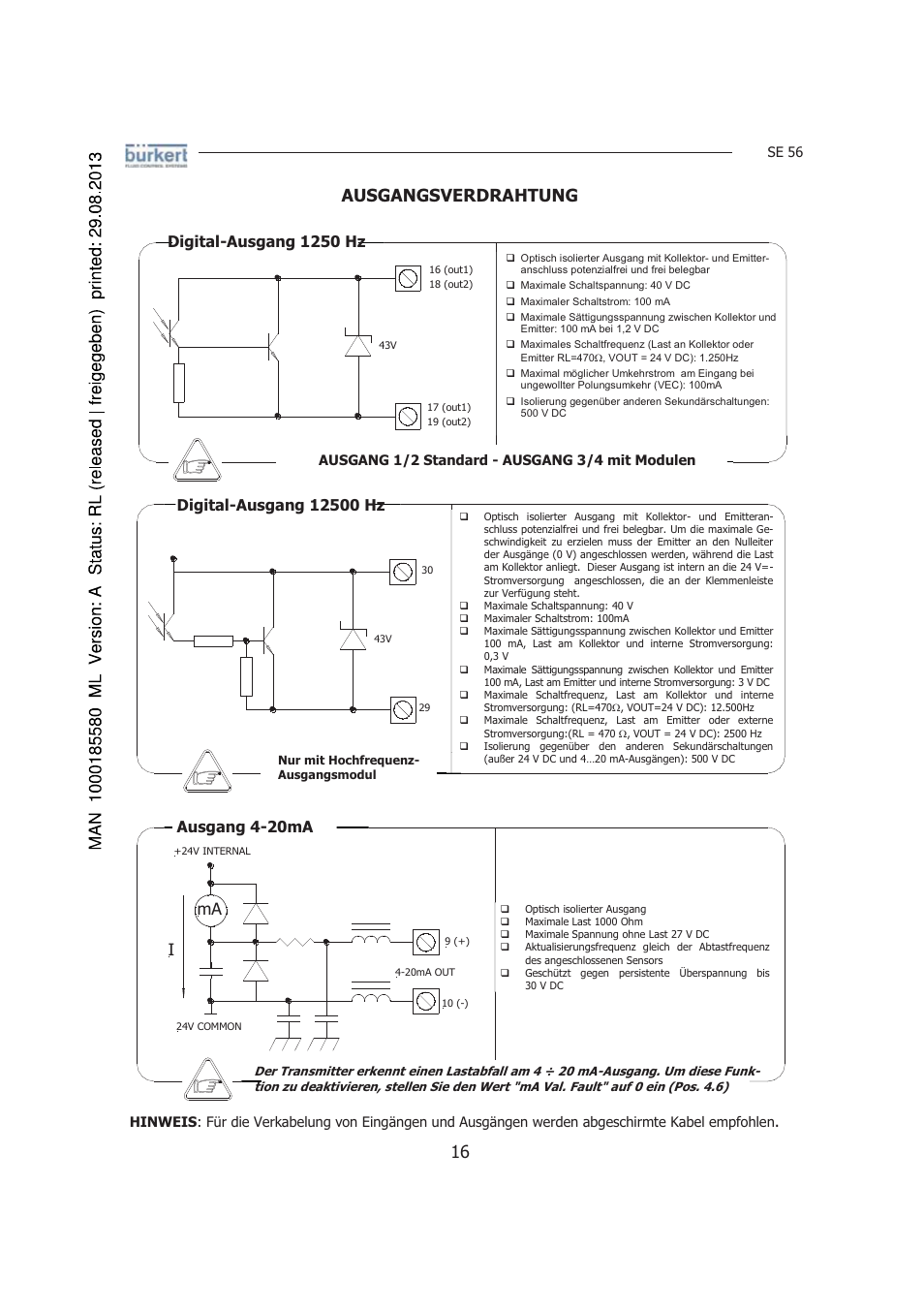 Ausgangsverdrahtung, Digital-ausgang 1250 hz, Ausgang 4-20ma | Burkert Type 8056 User Manual | Page 58 / 125