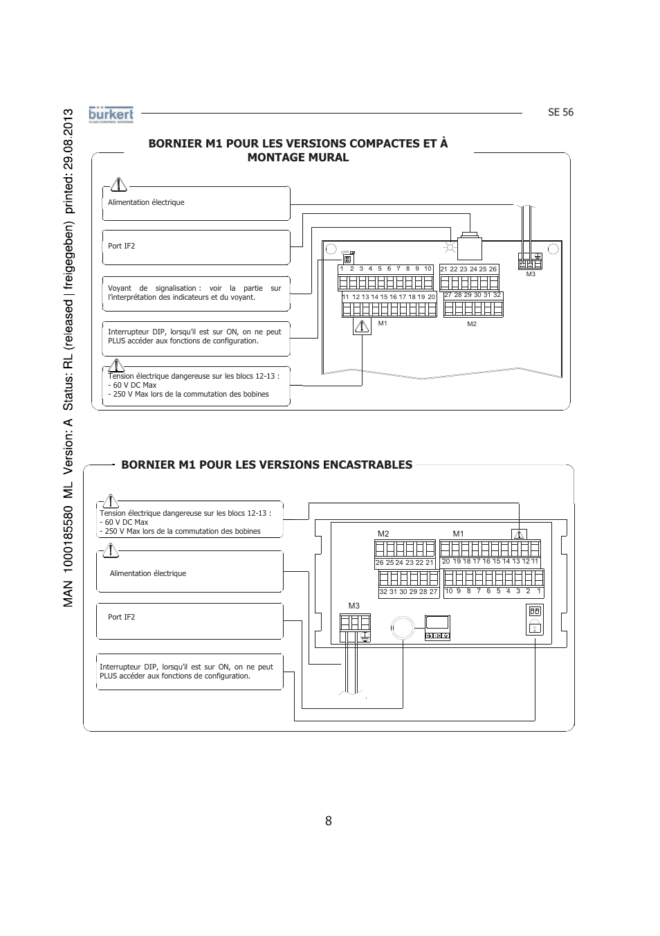 Bornier m1 pour les versions encastrables, Se 56 | Burkert Type 8056 User Manual | Page 92 / 125