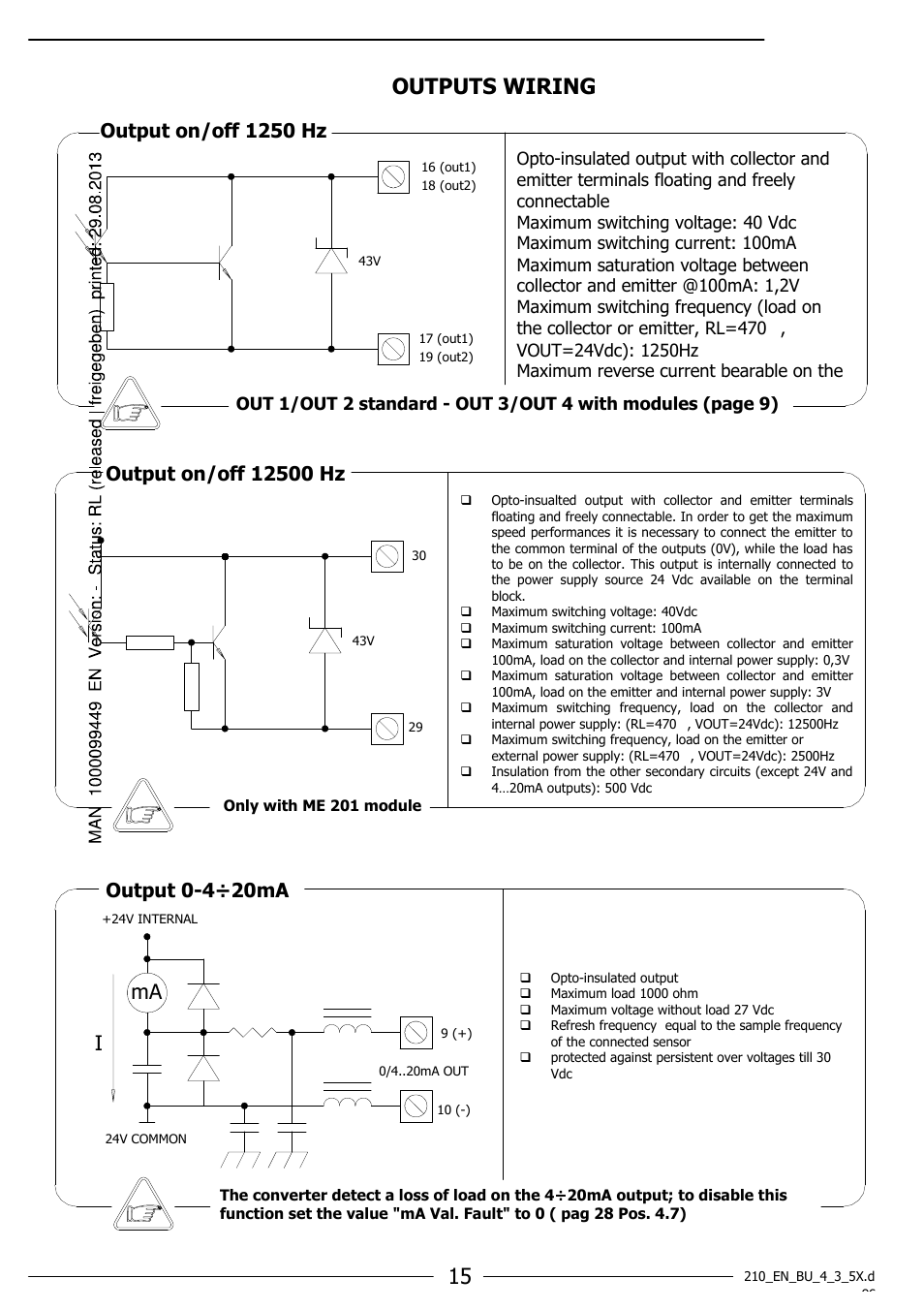 Outputs wiring, Output on/off 1250 hz, Output 0-4÷20ma | Burkert Type 8055 User Manual | Page 15 / 40