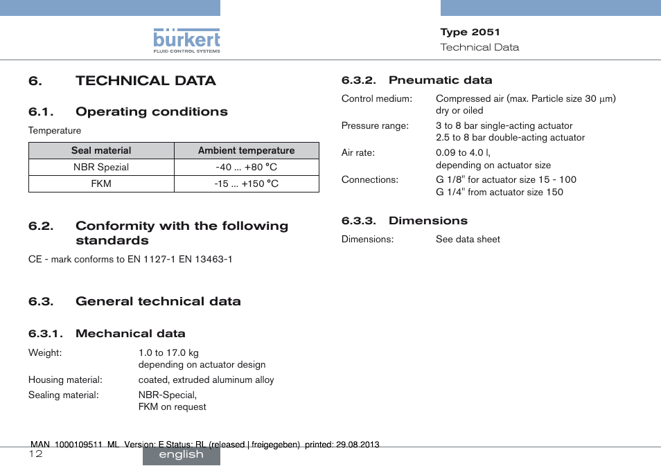 Technical data, Operating conditions | Burkert Type 2051 User Manual | Page 12 / 76