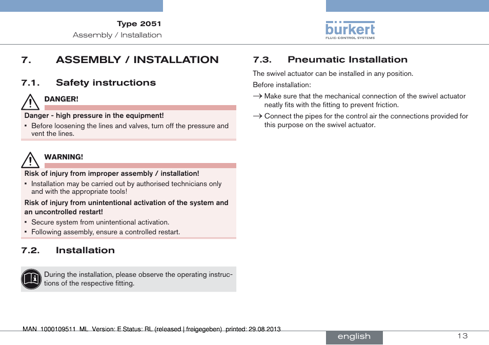 Assembly / installation, Assembly / installation 7 | Burkert Type 2051 User Manual | Page 13 / 76