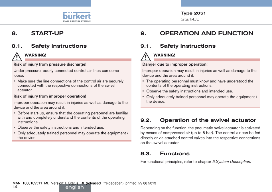 Start-up, Safety instructions, Operation and function | Start-up 8, Operation and function 9 | Burkert Type 2051 User Manual | Page 14 / 76